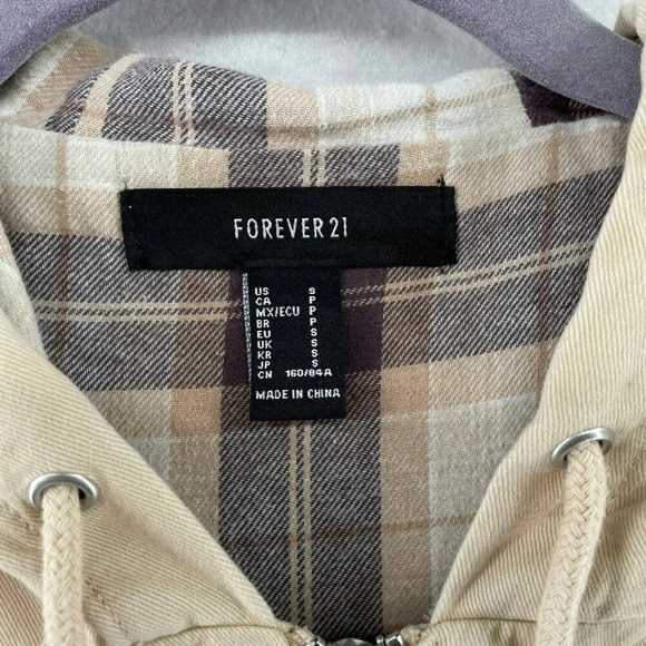 Forever 21 Jacket Womens Sz S Beige Full-Zip Flannel Lined Hooded Bomber Cropped - Picture 7 of 9